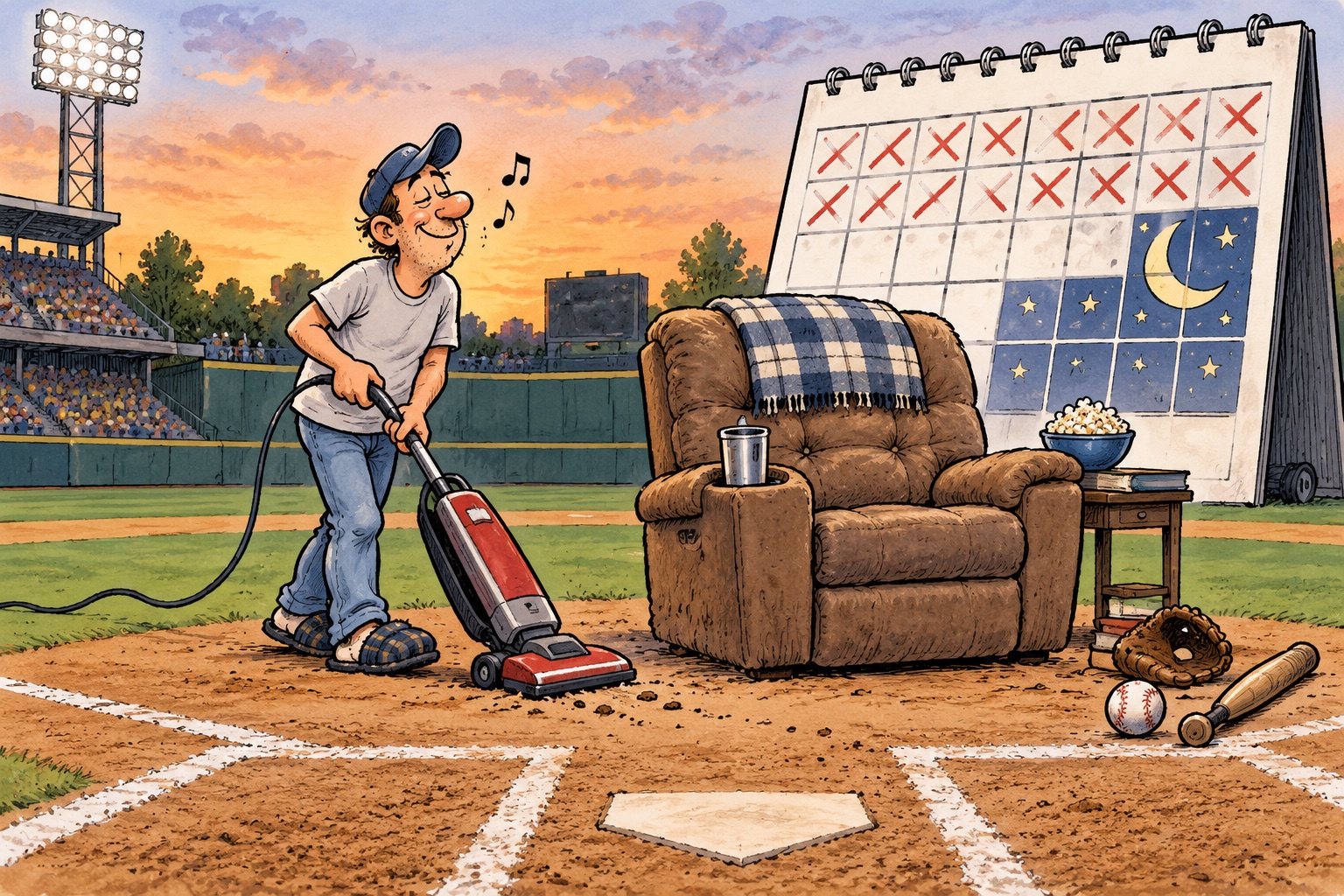 A cartoon baseball fan vacuums around a recliner placed on a baseball diamond.