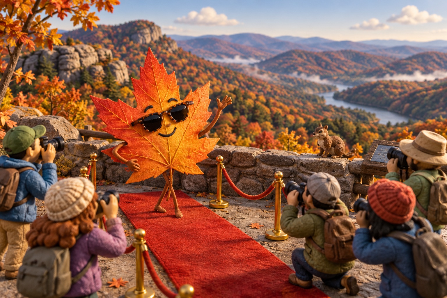 An orange maple leaf poses like a celebrity for miniature tourists at an Appalachian overlook.