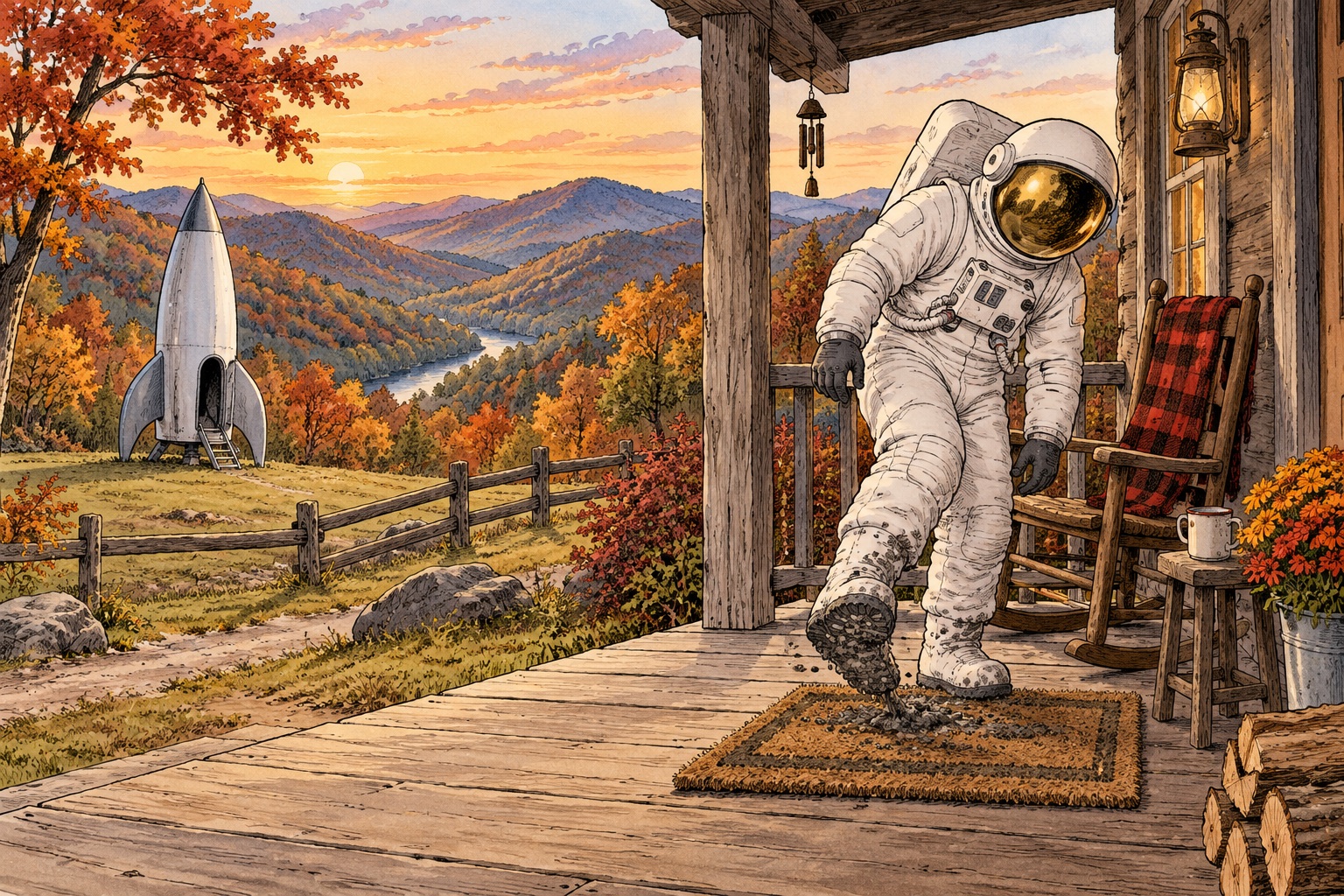 Satirical cartoon of an astronaut wiping moon boots before entering an Appalachian porch.